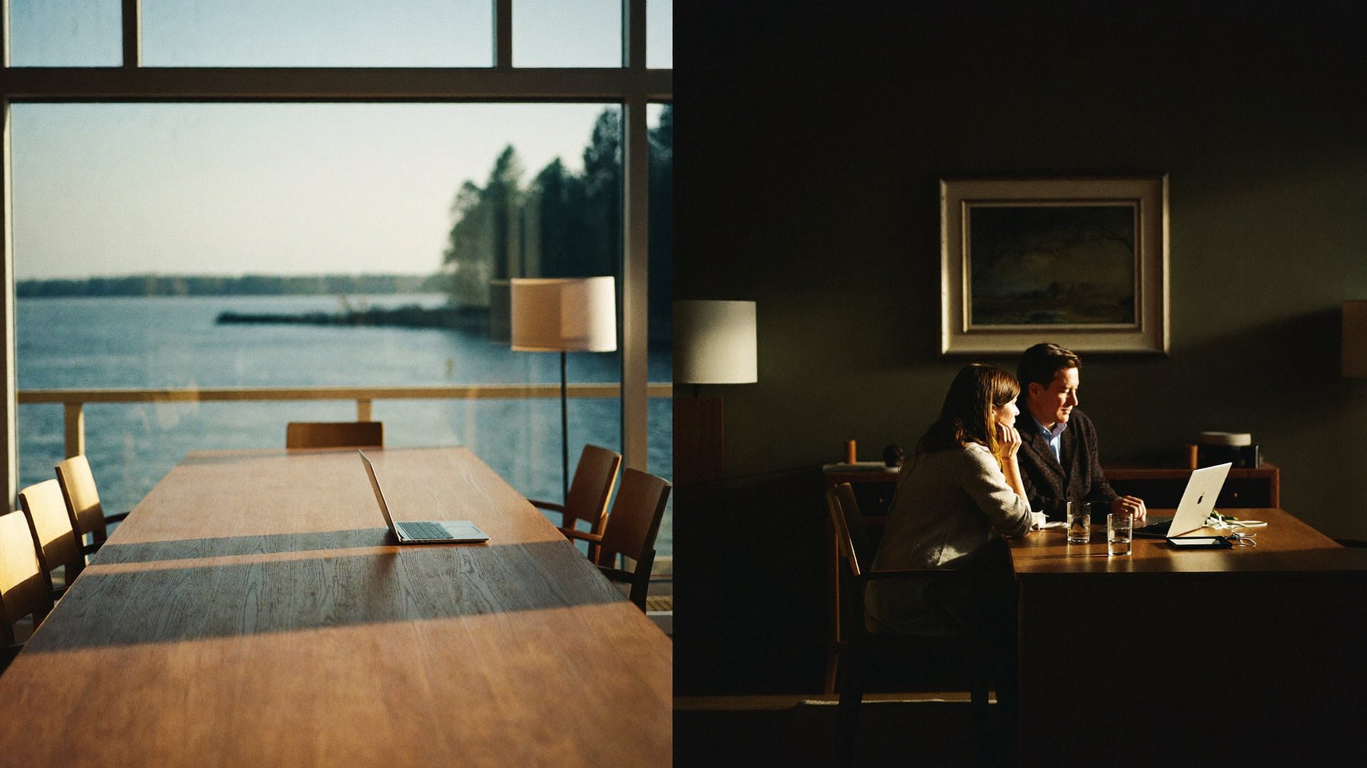 A couple talking at their dining table, the water at dusk beyond the windows