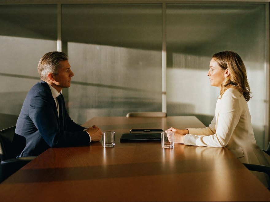 Two people across a table in a glass-walled meeting room, low sun through the glass