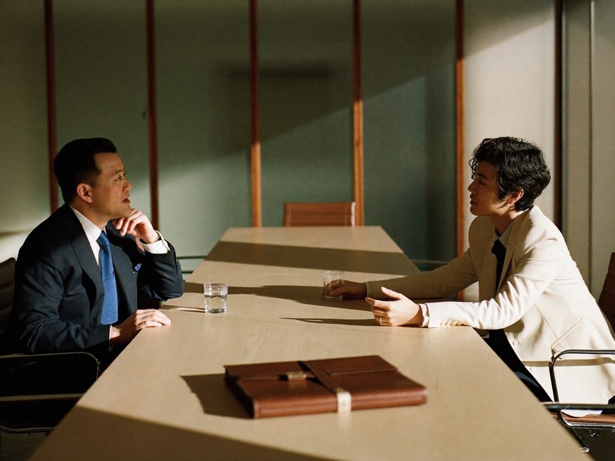 Two people at the corner of a long walnut conference table, a closed folio between them