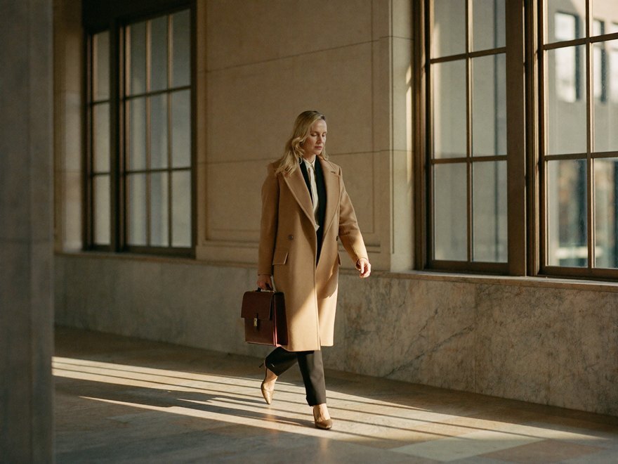 A woman in a camel coat crossing a marble office lobby, briefcase in hand, late light on the floor