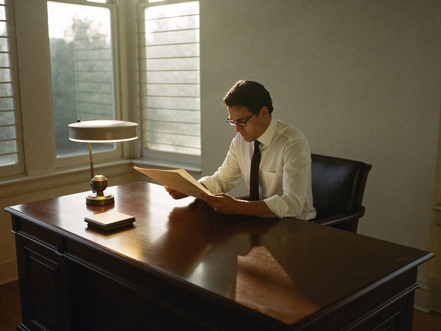 A business owner at a wide dark-wood desk in a corner office, reading a bound report in banded light