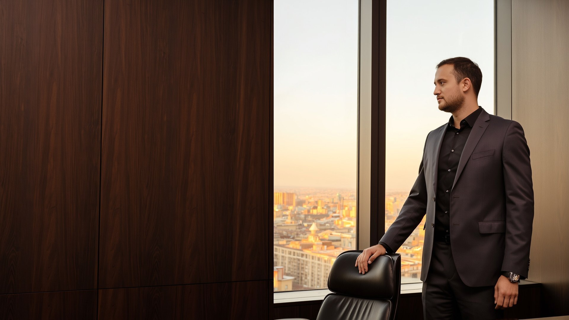 The principal, standing at the tall window of a panelled office, a warm city beyond