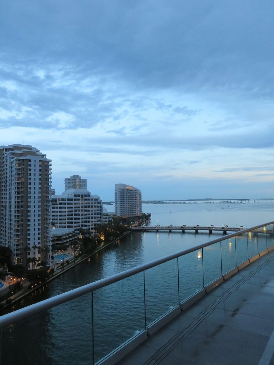 Brickell Key waterfront towers in Miami at dusk