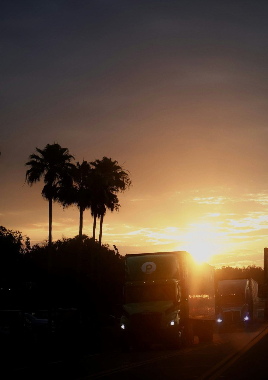 Trucks on a Florida road at sunset, palm trees behind